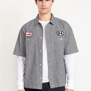 Old‎ Navy Cropped utility Dobby shirt striped grey white mens medium
